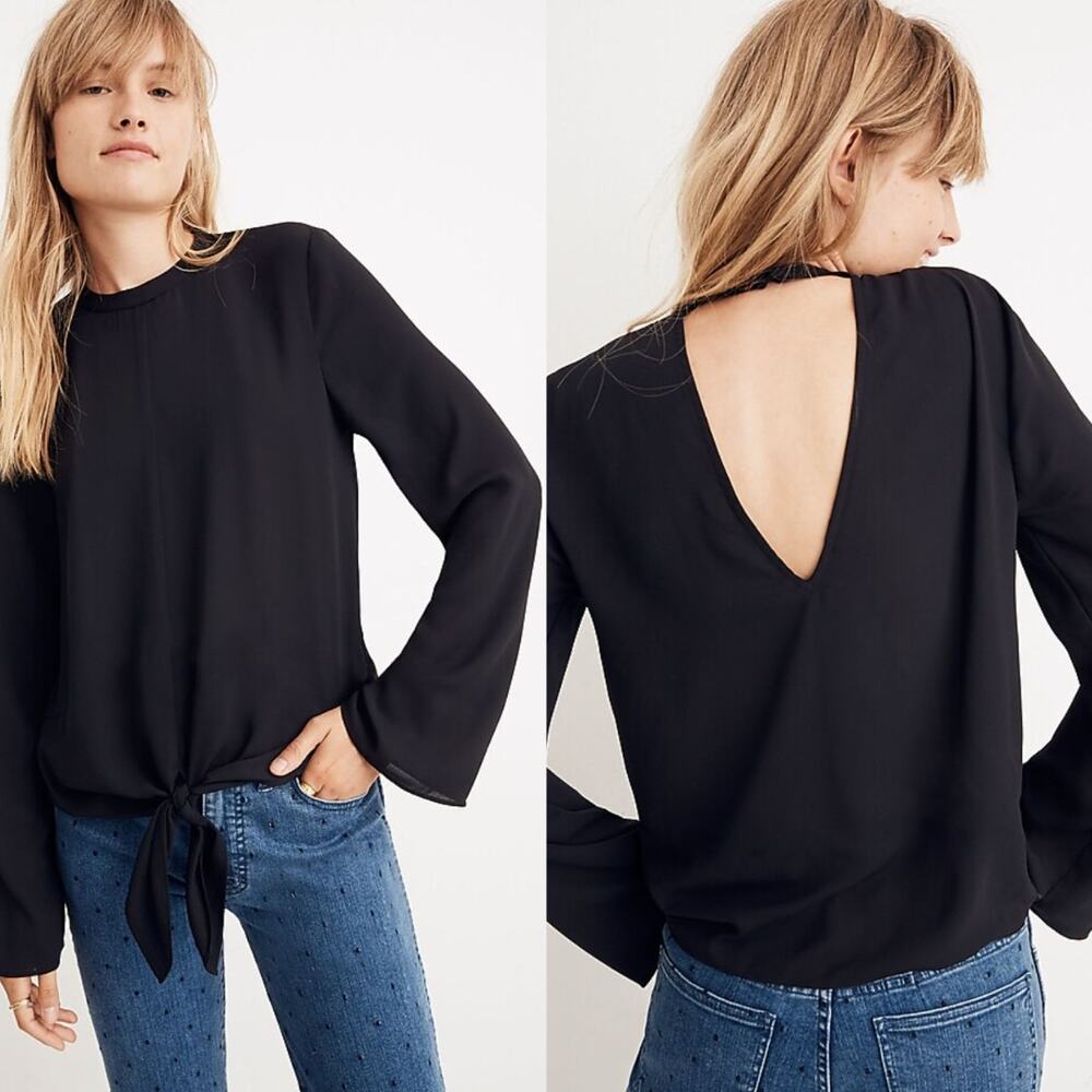NEW Madewell Bell-Sleeve Tie Front‎ V-Neck Top Blouse in Black Size X-Small NWT